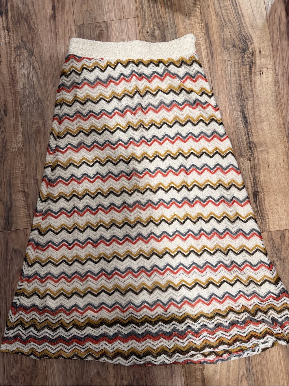 Y2K Chevron Knit Lapis Maxi Skirt in White, Mustard, Black & Coral
